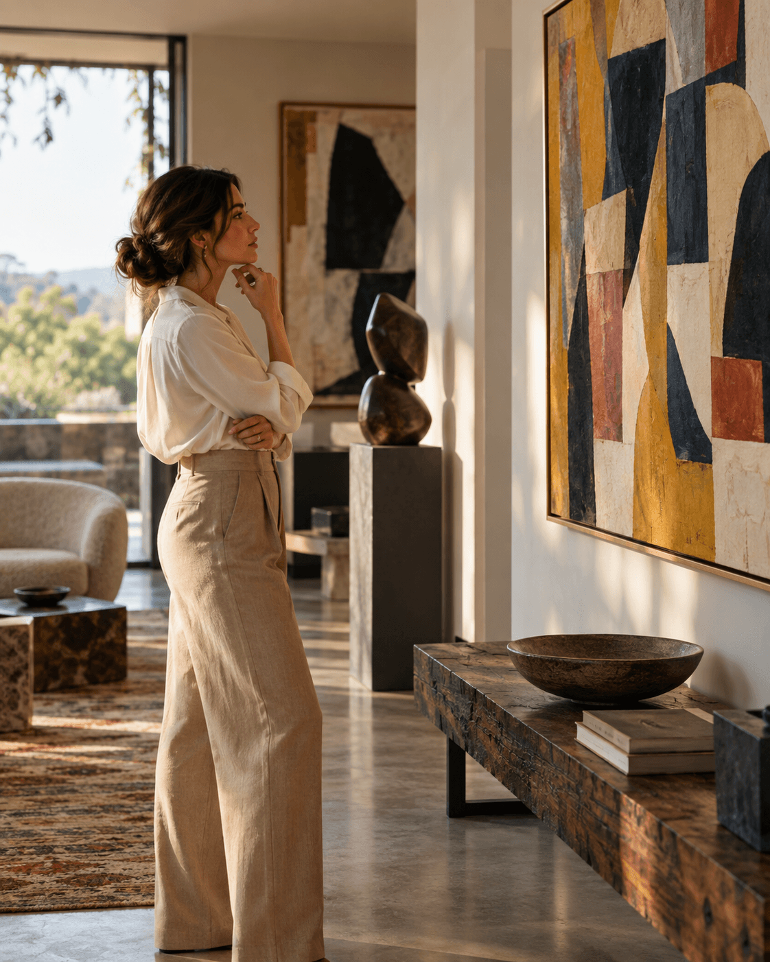 Art lover looking at an original abstract painting