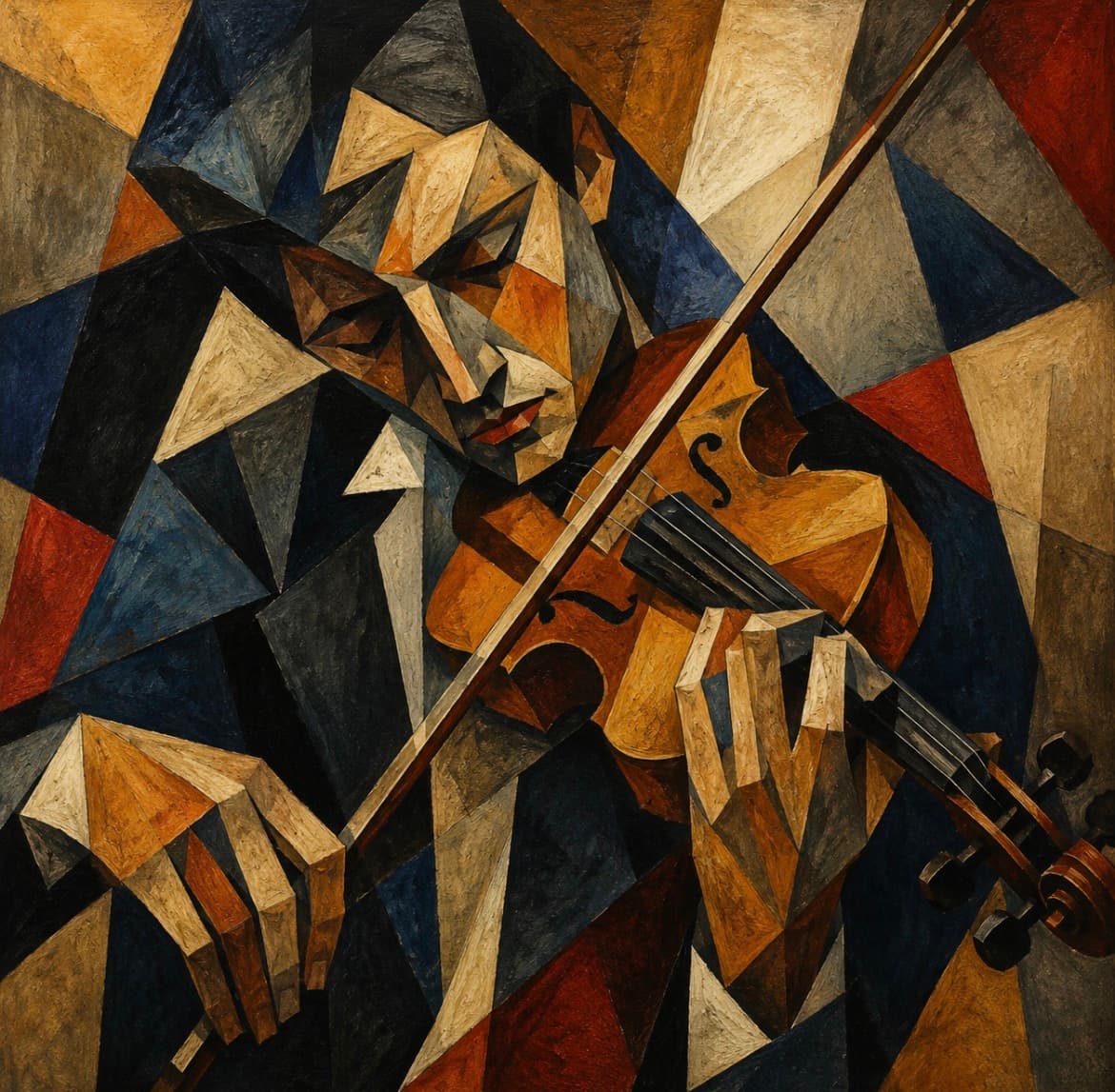 Geometric Cubist-inspired violinist artwork