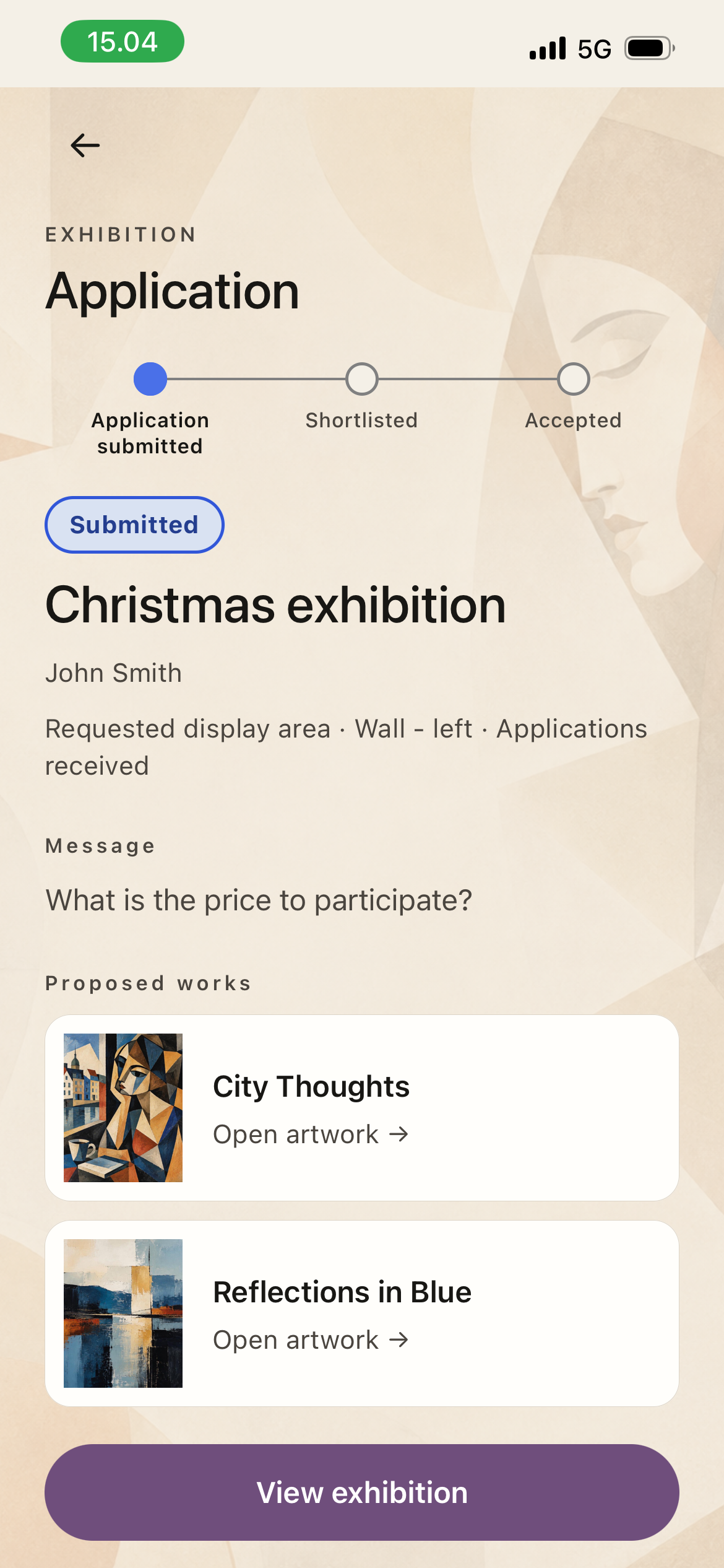 ARZHANG exhibition application detail showing submitted artworks