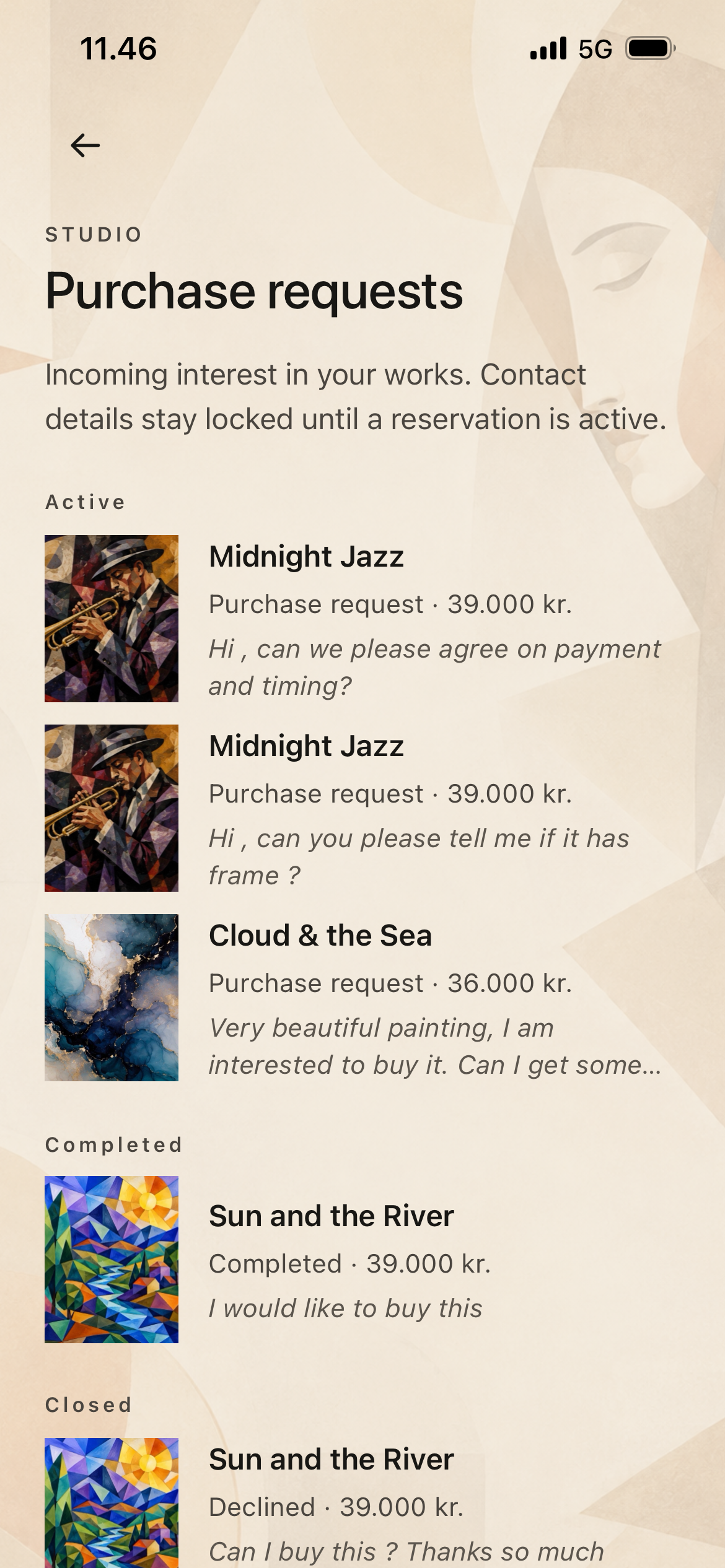 ARZHANG Studio screen showing artist purchase requests