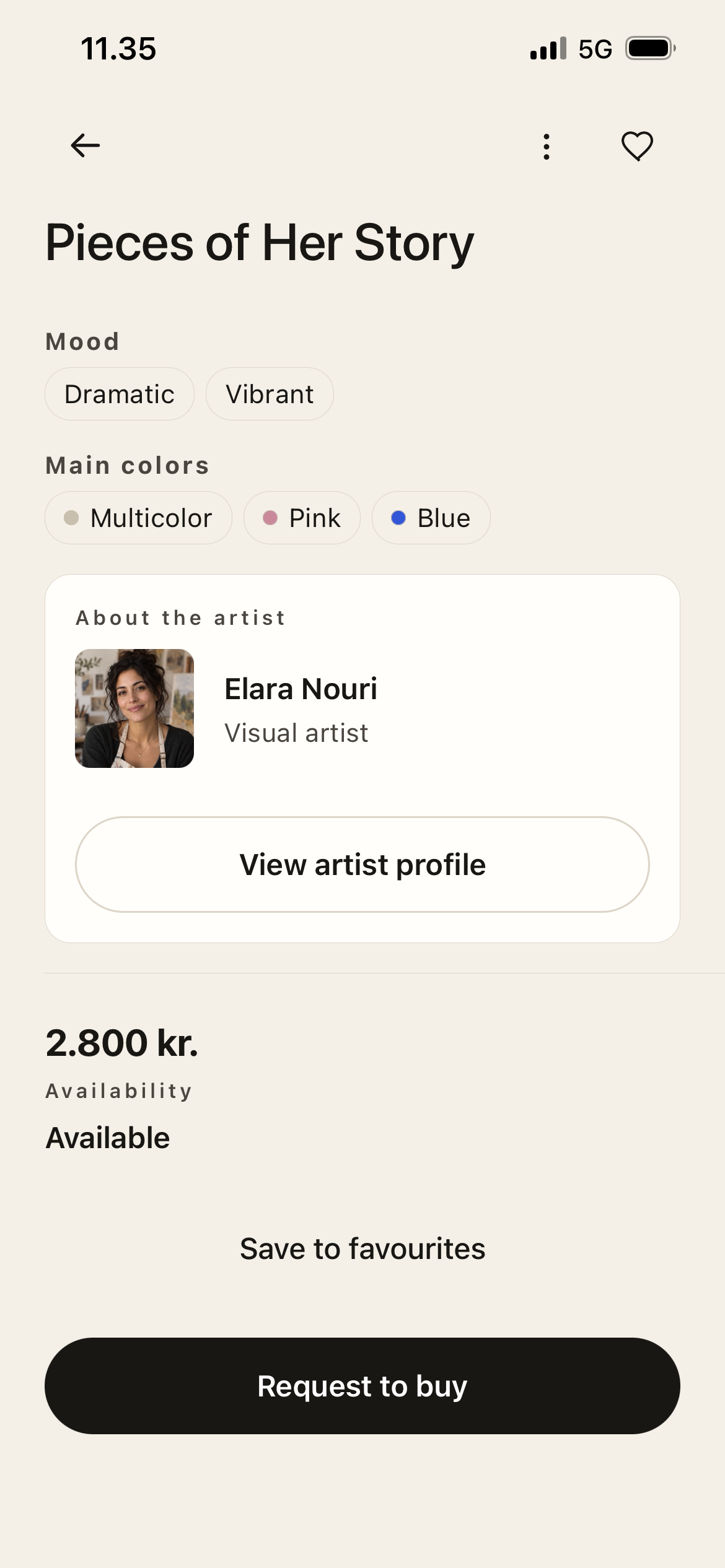ARZHANG artwork detail screen with Request to buy button