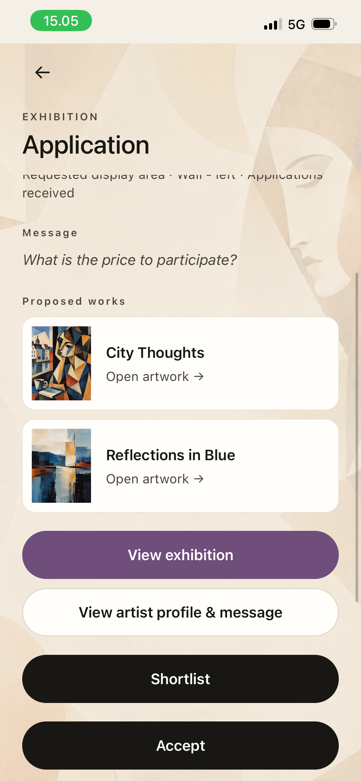 ARZHANG exhibition application review screen with shortlist and accept actions